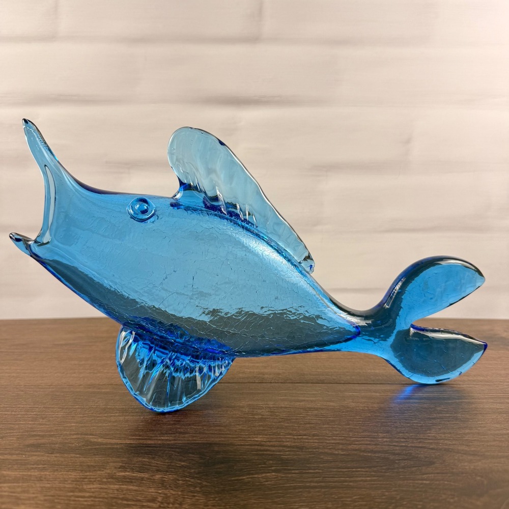 Rainbow Glass Co Blunique Blue Fish Figurine Crackle Glass Mid Century